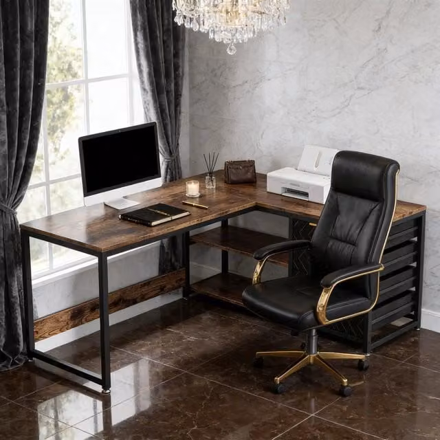 Scrivania angolare reversibile WISHDOR con 2 piani, 4 cassetti e ripiano a 2 livelli in stile industrial, colori nero e marrone – 1