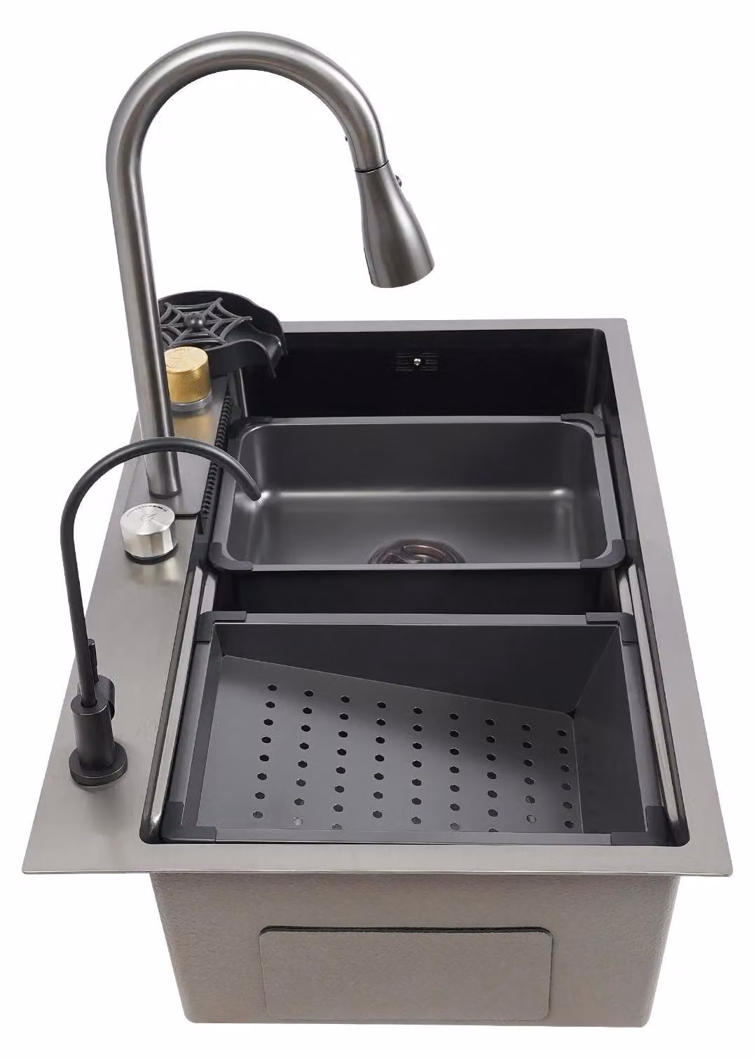 Lavello da cucina da 75 cm - Doppia vasca in acciaio inossidabile 304 - Montaggio a incasso o a filo piano - Miscelatore estraibile da 30 cm - Superficie con struttura a nido d'ape - Grigio gunmetal