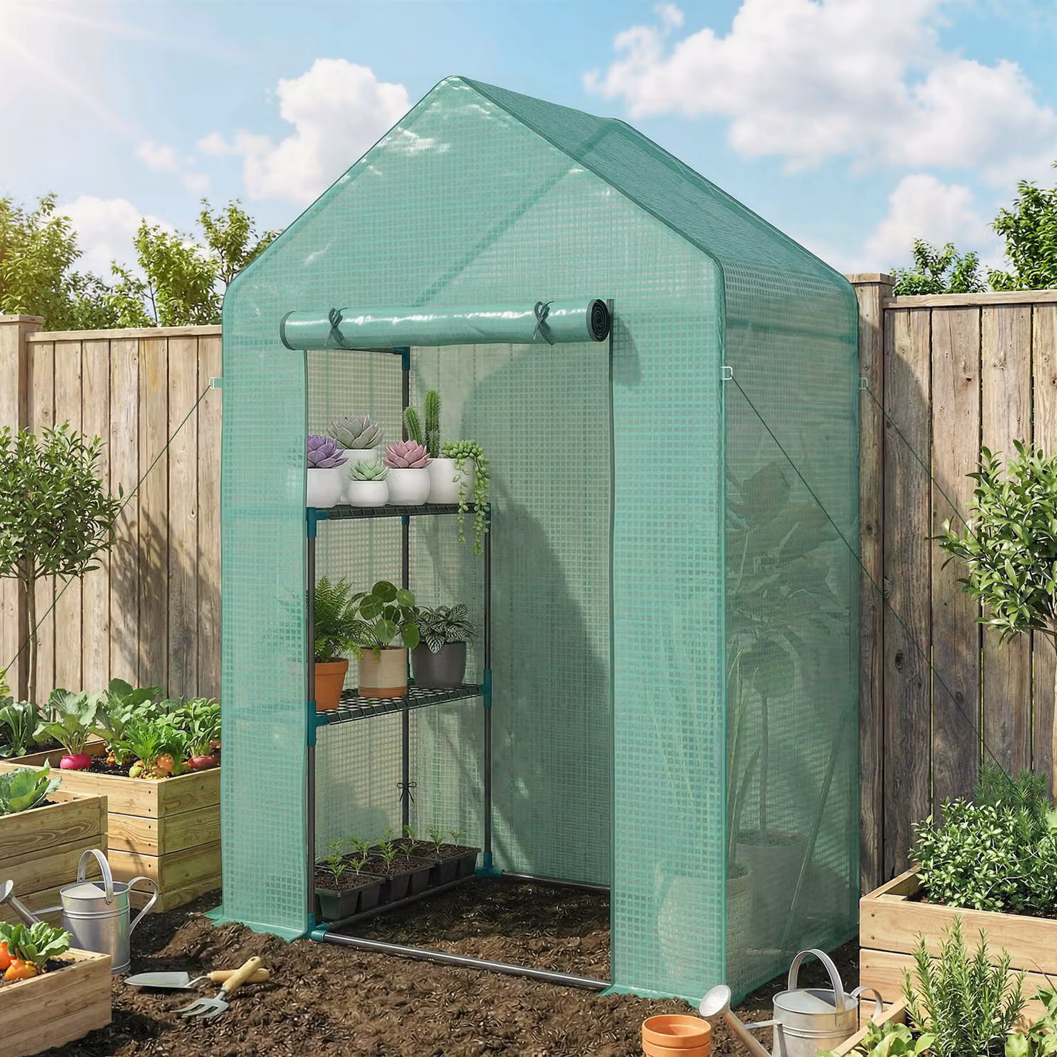 Outsunny Serra da Giardino Verde con Scaffale a 2 Ripiani, L 143 x P 73 x H 195 cm – 2