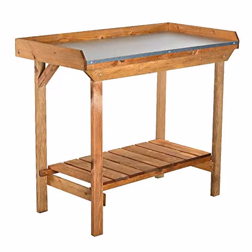 Tavolo da lavoro per giardinaggio in legno di pino banco da lavoro per piante e fiori con ripiano in lamiera zincata - made in italy