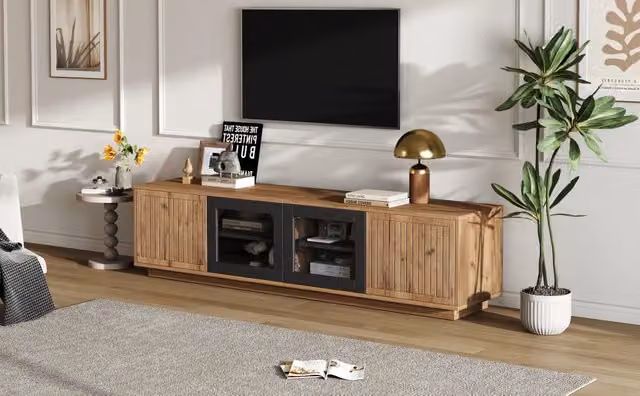 Mobile TV Minimal con LED in legno multistrato e vetro, L 180 x P 40 x H 45 cm, nero/beige/marrone