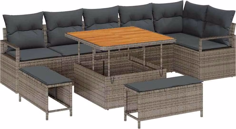 Set Divano da Giardino con cuscino 9 pcs Grigio Poly Rattan