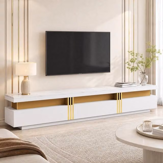 Mobile TV 200x40x42 cm bianco in truciolare con 3 cassetti e passacavo