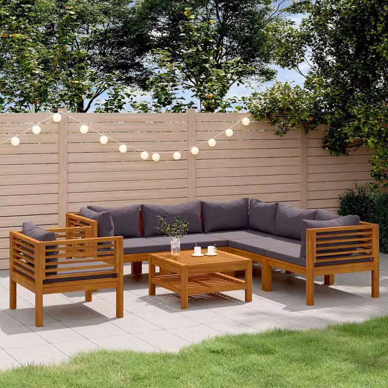 Set di divani da giardino vidaXL in legno di acacia con cuscini grigi, 7 pezzi, design moderno a forma di L con orientamento a destra