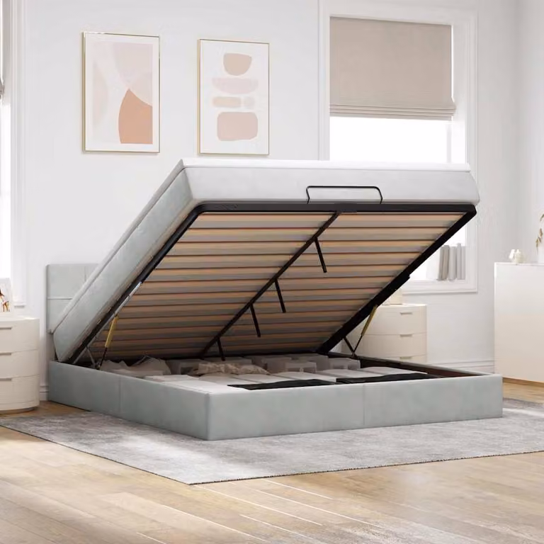 Letto con contenitore e materasso vidaXL in velluto con base a sollevamento, luci sotto il letto e porte USB, L: 180 cm, P: 200 cm, H: 88 cm