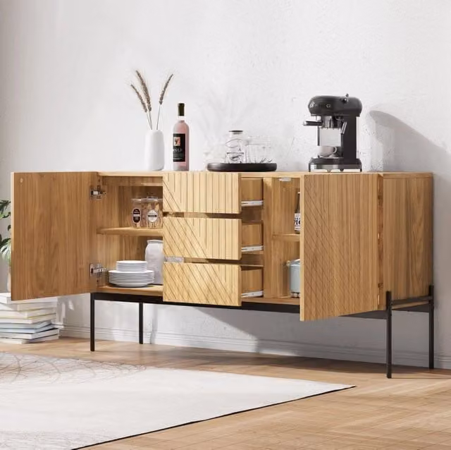 Credenza ULEVR 140x40x75 cm con 2 ante, 3 cassetti e ripiano regolabile, naturale