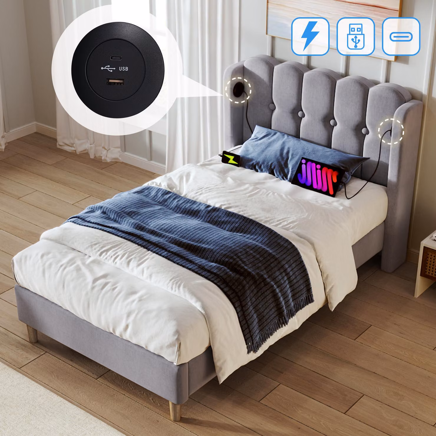 Letto imbottito letto singolo con USB tipo C, struttura letto con rete a doghe, letto in grigio, 90 x 200 cm struttura letto giovane