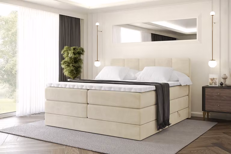 Letto boxspring ALTDECOR con materasso e rete a doghe, topper, letto imbottito con contenitore, letto con spazio contenitivo per materassi H3 e H4, letto matrimoniale, letto boxspring -LIRO KING- 140x200 - Beige Monolith
