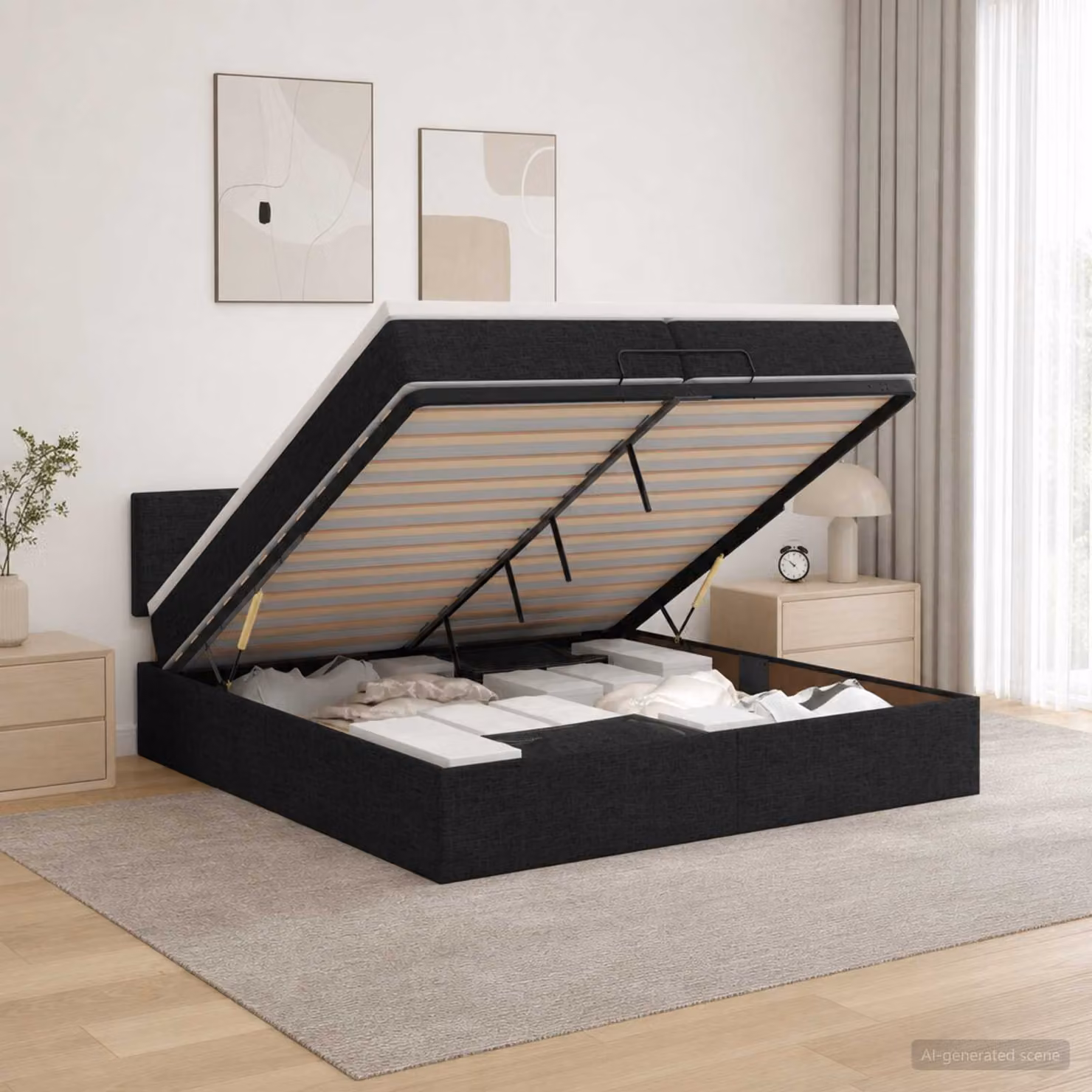 vidaXL Letto ottomano moderno con materasso nero in tessuto e struttura in legno e metallo L/P/H: 200 x 200 x 140 cm
