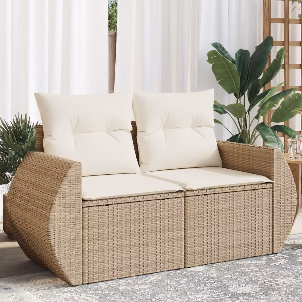 vidaXL Divano da Giardino a 2 Posti in Polyrattan Beige con Cuscini Imbottiti e Rivestimenti Rimovibili