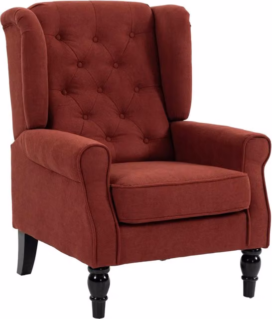 Poltrona Retrò per Salotto e Camera da Letto in Velluto Rosso Vino, Poltroncina con Seduta Imbottita e Gambe in Legno di Eucalipto