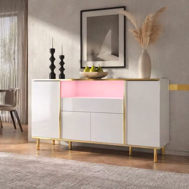 Sideboard moderno 150x40x80 cm bianco lucido con LED; 4 ante; 1 cassetto e dettagli oro