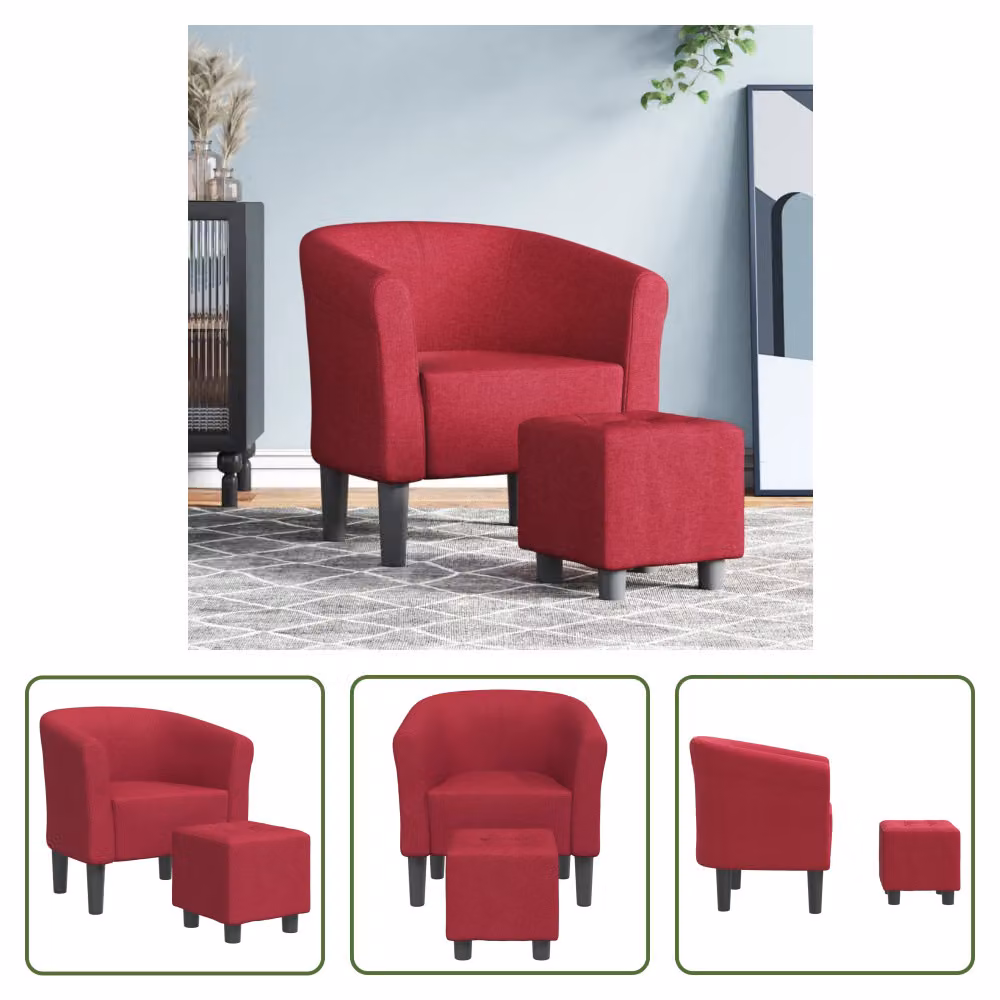 The Living Store Sedia Club con poggiapiedi in tessuto rosso vino