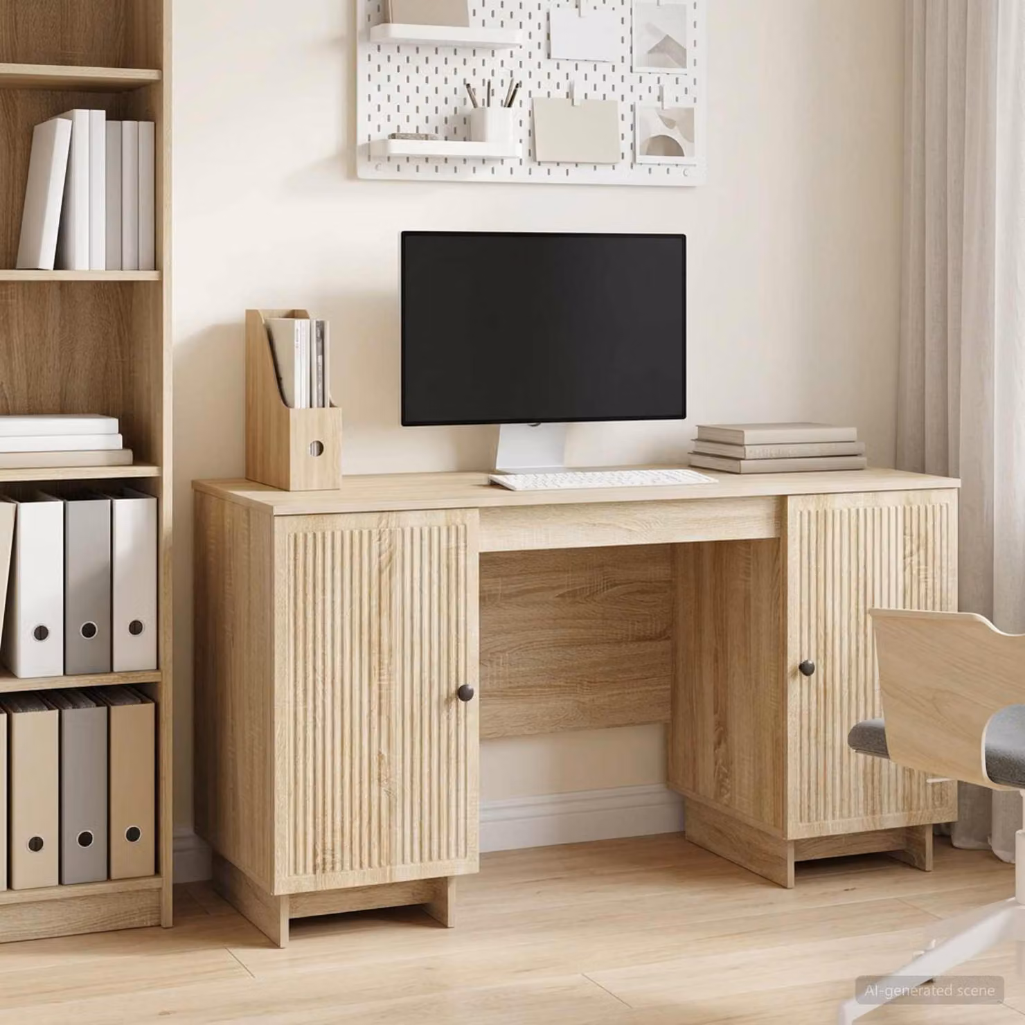 Scrivania moderna vidaXL in legno ingegnerizzato color rovere, L: 142,5 cm, P: 50 cm, H: 75 cm