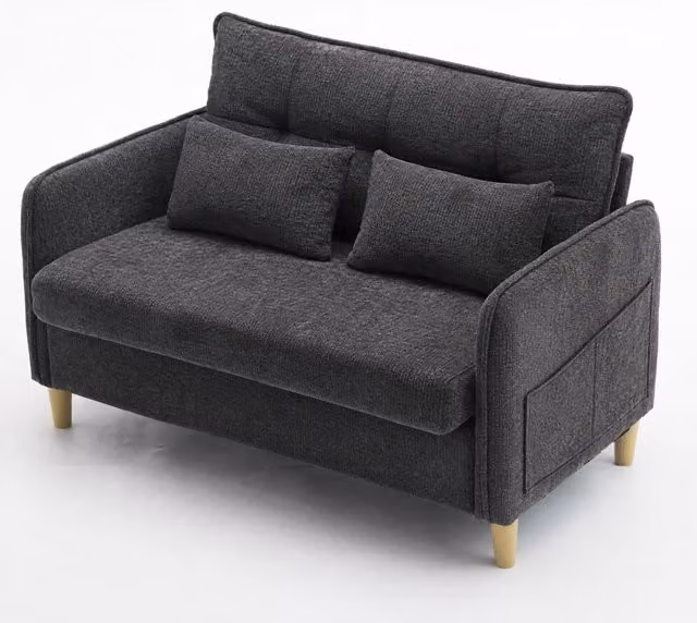 Divano a 2 posti in tessuto Chenille grigio scuro con braccioli, tasche laterali e struttura in legno, 127 cm