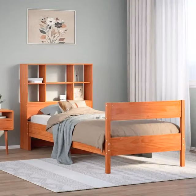 Letto Libreria vidaXL in Pino Massiccio Marrone Cera con Scomparti Laterali L: 190 cm, P: 75 cm, H: 110 cm – 1