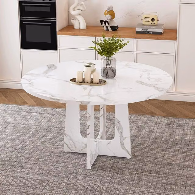 Tavolo da pranzo rotondo Mivray in MDF effetto marmo bianco lucido con 4 piedi regolabili, Diametro: 120 cm, Altezza: 76 cm