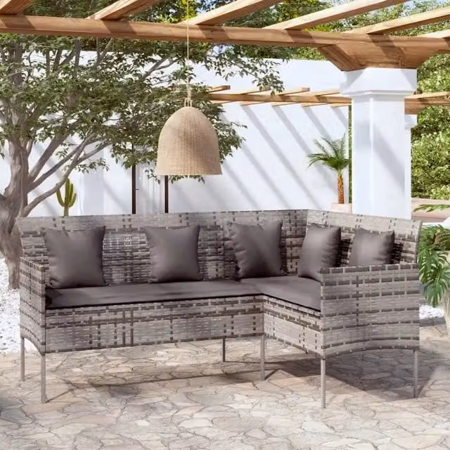 Divano a Forma di L con Cuscini in Polyrattan Grigio 318585