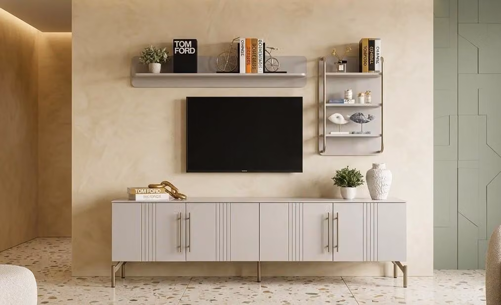 Mobile TV a basso, 2 mensole a parete, soggiorno moderno, grigio, spazioso