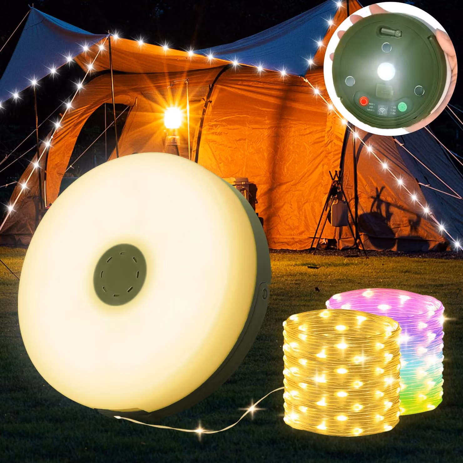 Catena luminosa da campeggio, 10 metri, LED, 8 modalità, alimentazione USB, grado di protezione IPX4, con telecomando