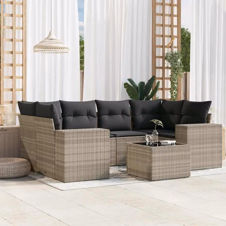 vidaXL Set Divani da Giardino a L 7pz in Polyrattan con Cuscini Grigio Chiaro