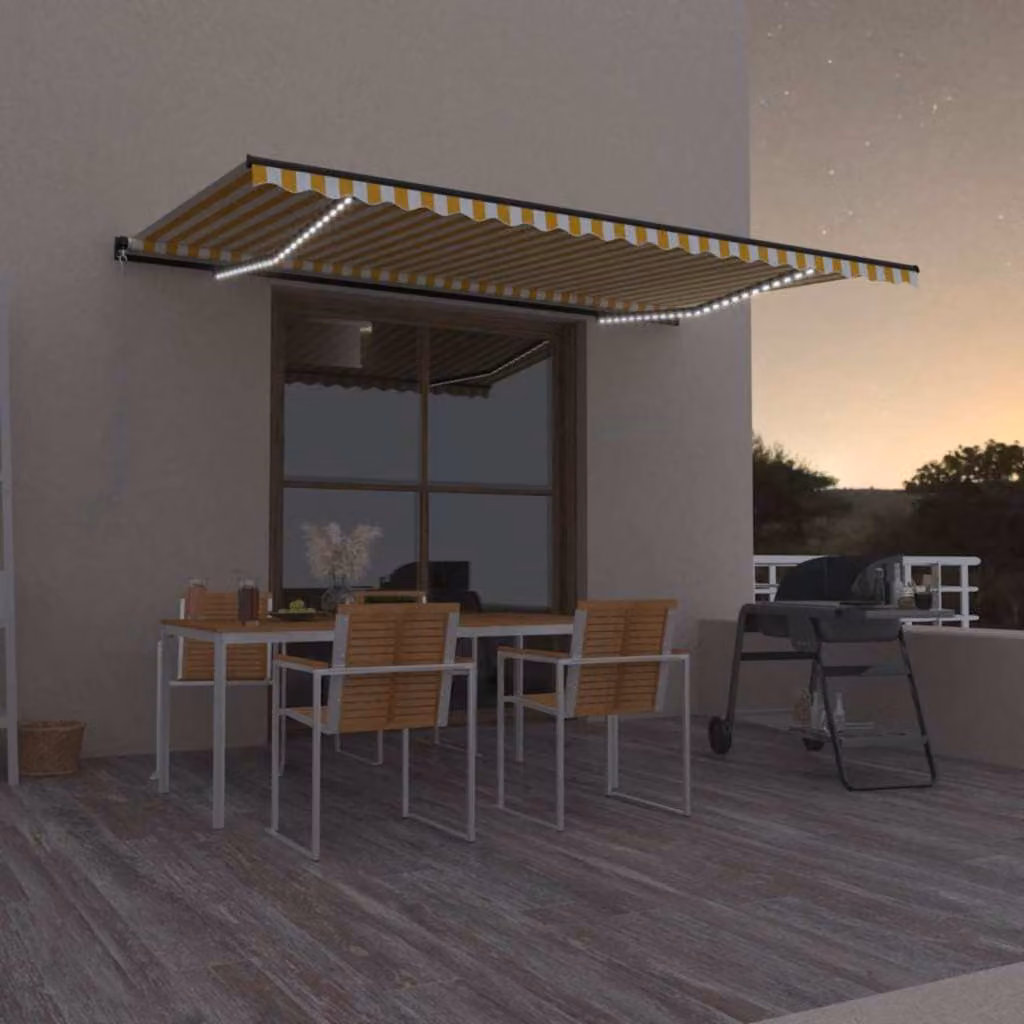 vidaXL Tenda da Sole Manuale con LED in Alluminio e Poliestere, Colore Giallo, Bianco e Antracite, L: 500 cm x P: 300 cm