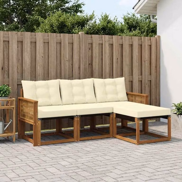 Set di divani da esterno vidaXL 4 pezzi in legno di acacia con cuscini e pouf, colore beige e marrone