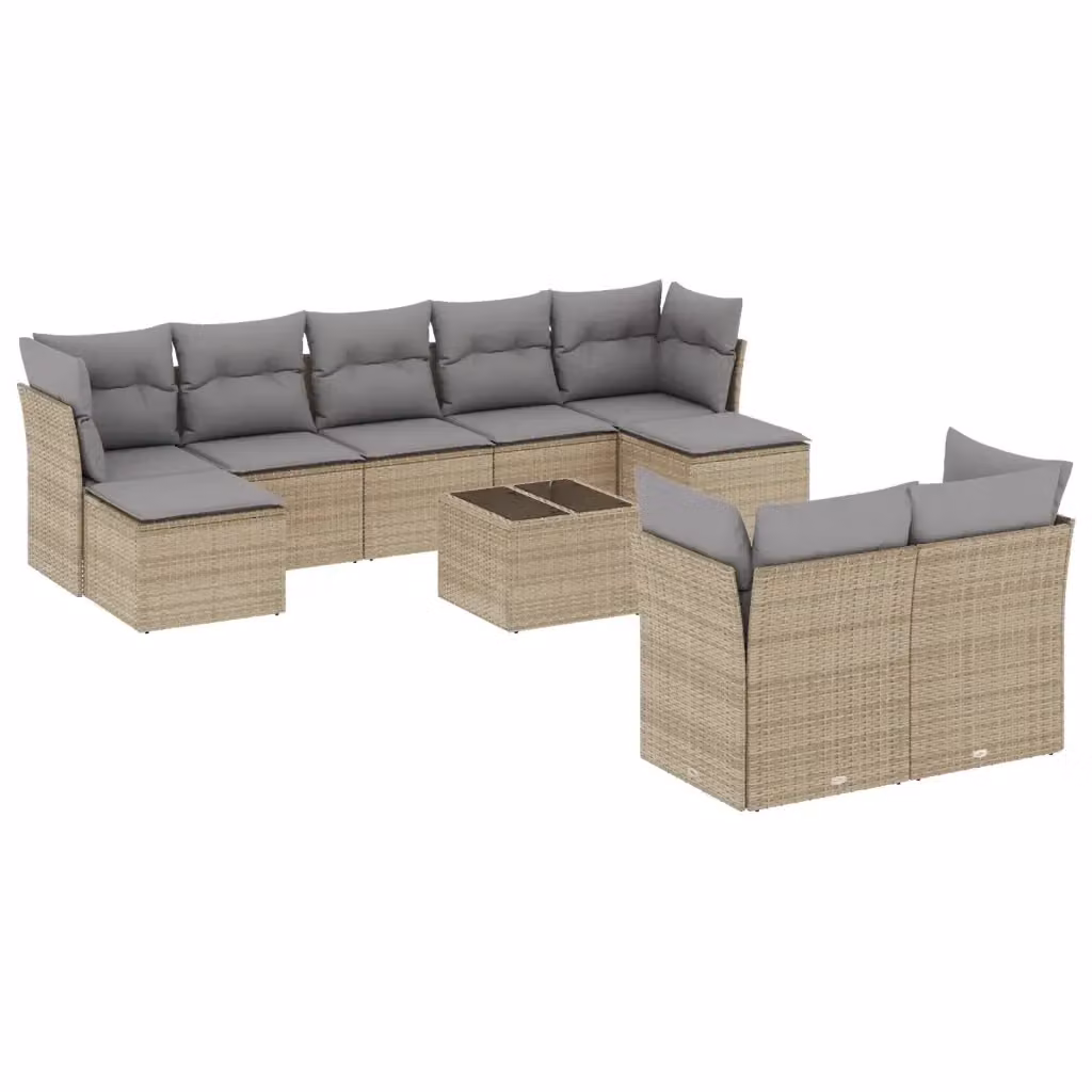 vidaXL Set Divano da Giardino 10 pz in Polyrattan Beige con Cuscini Imbottiti e Tavolino – 2