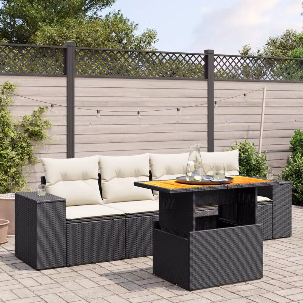 vidaXL Set Divani da Giardino 5 Pezzi con Cuscini e Tavolino in Polyrattan e Legno di Acacia Nero e Bianco – 1
