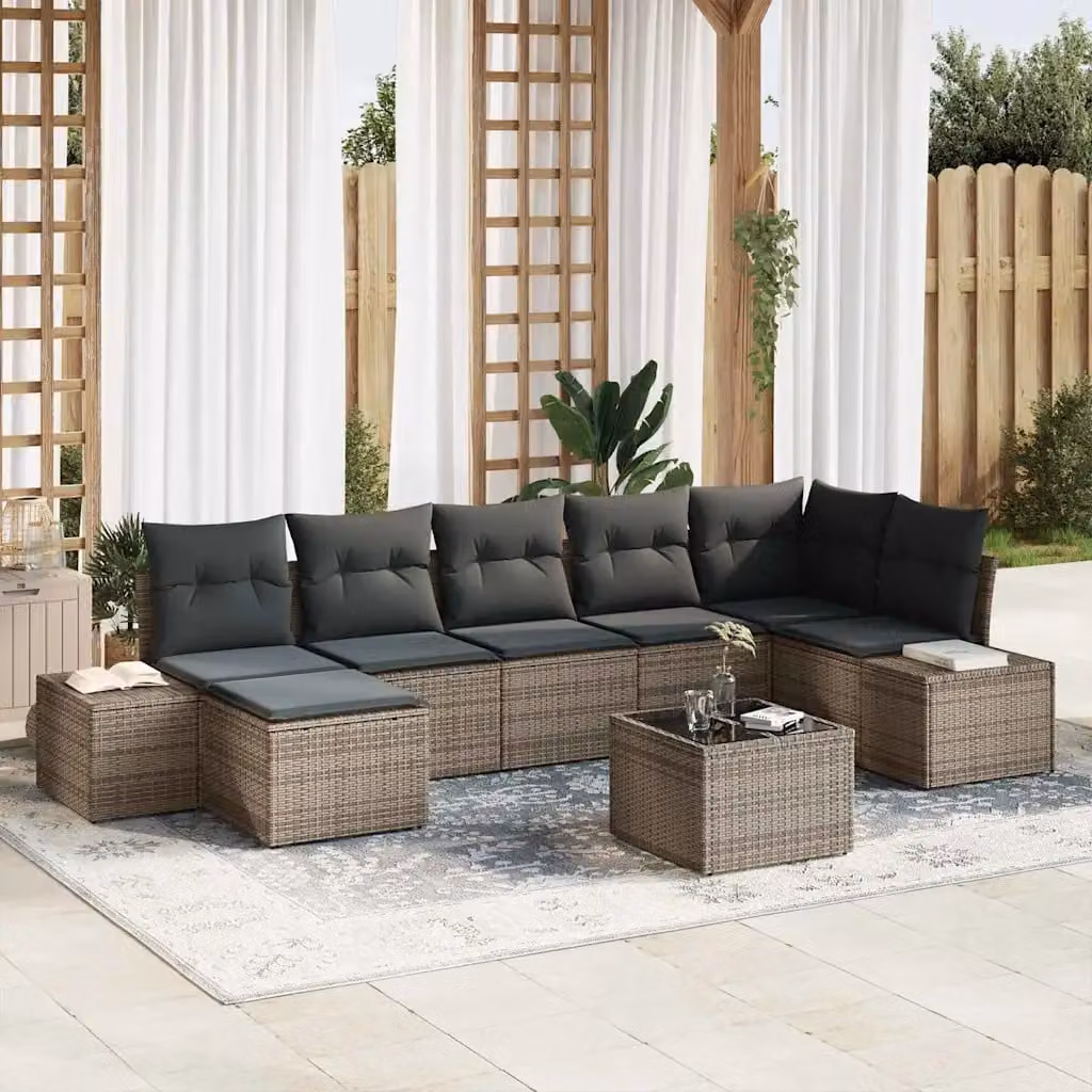 Set Divano da Giardino vidaXL 8 Pezzi a Forma di L in Polyrattan Grigio con Cuscini e Tavolino – 1