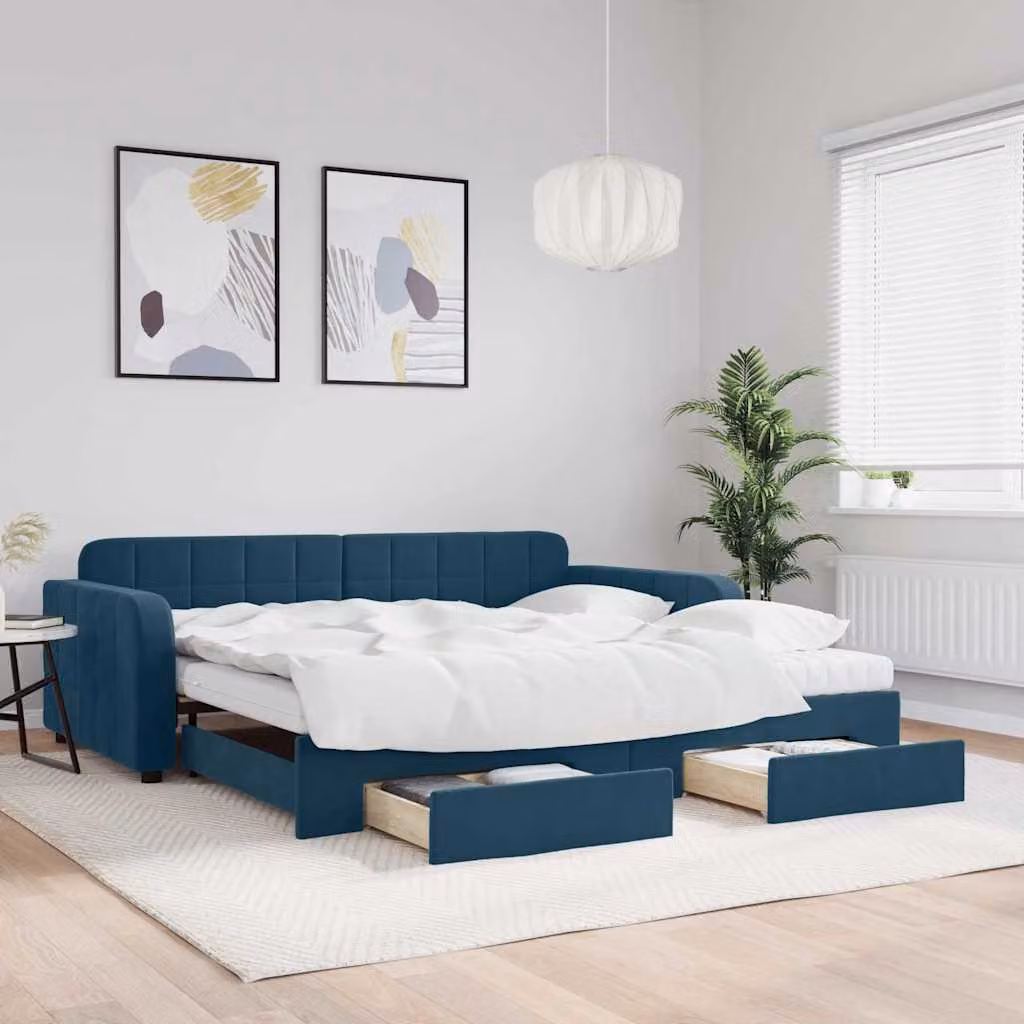 vidaXL Divano Letto Estraibile con Cassetti in Velluto Blu L/P/H: 223 x 100 x 71 cm