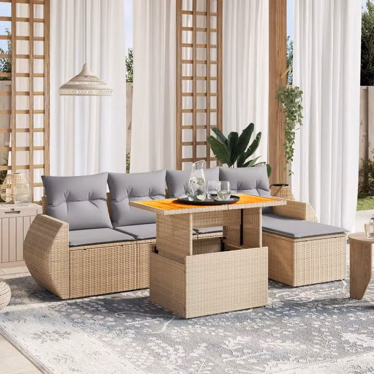 vidaXL Set Divano da Giardino 6 pz a L in Polyrattan con Cuscini Beige e Tavolino