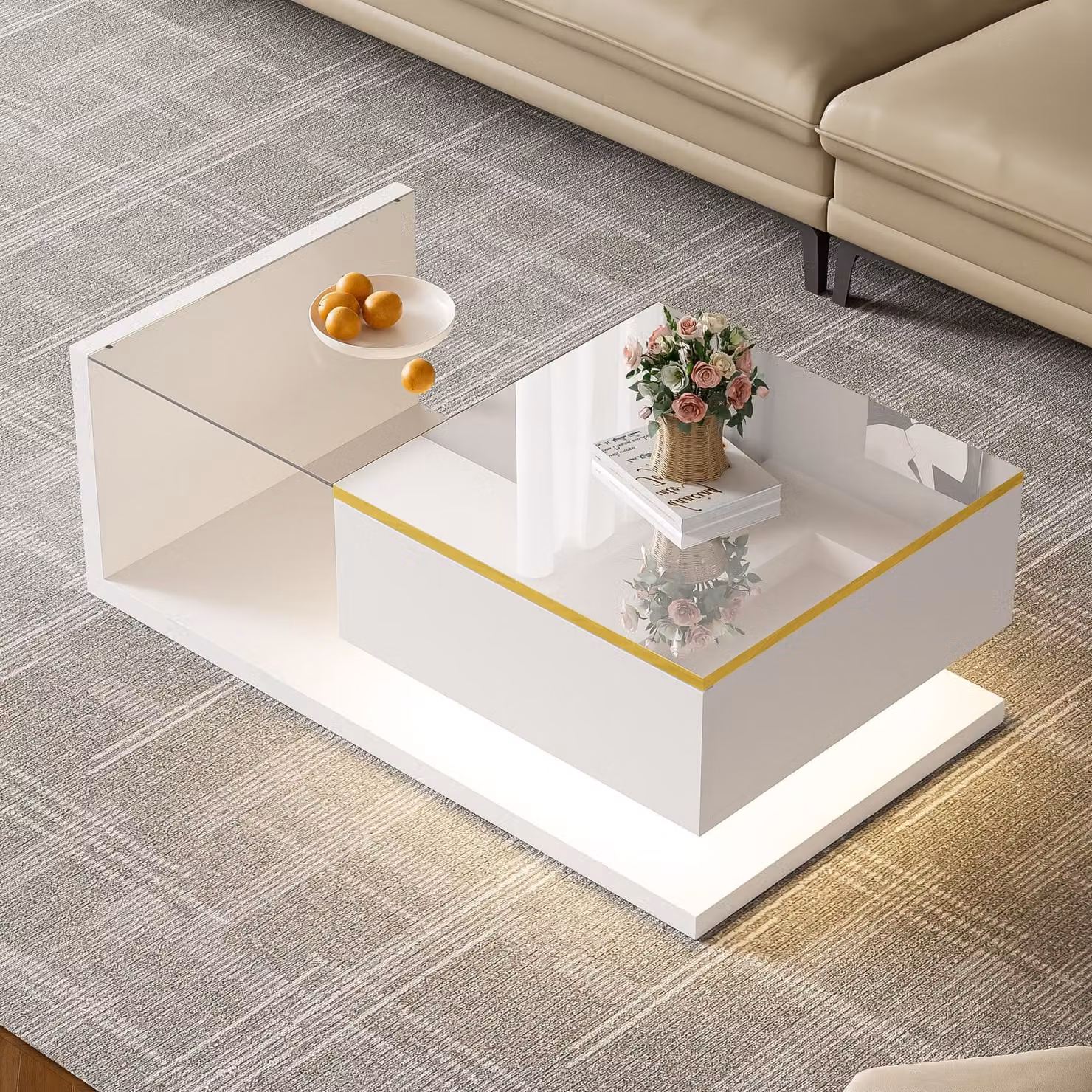 Tavolino Merax da 90 cm con piano in vetro, tavolino con illuminazione a LED, tavolino da salotto moderno, vano portaoggetti, bianco lucido