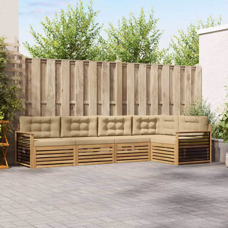vidaXL Set di divani da esterno a L composto da 6 pezzi in legno di acacia, colori bianco, beige e marrone
