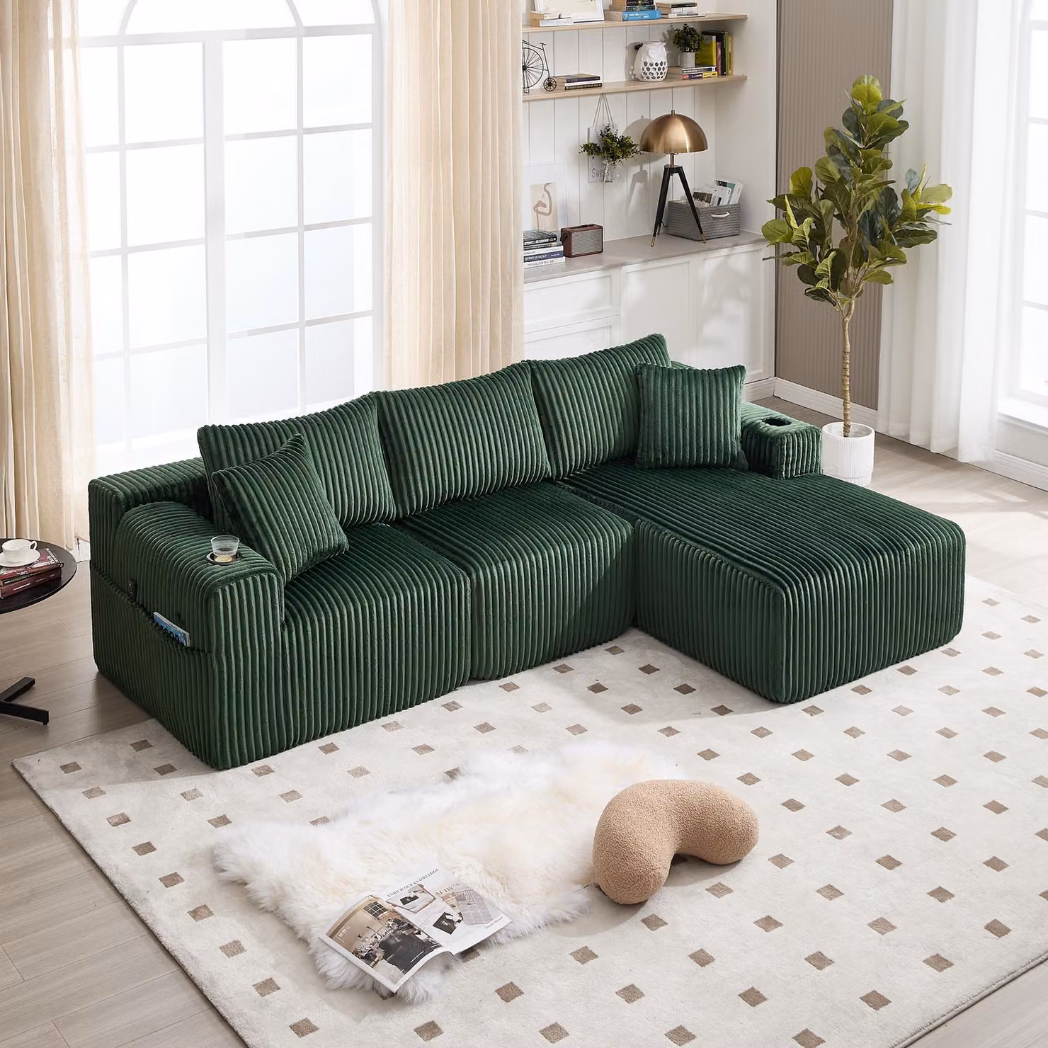 Set di divani componibili Sweiko con chaise longue e 2 posti, rivestimento in morbido velluto a coste, con 5 cuscini, tasche laterali e portabicchieri, schiuma ad alta densità, combinazione fai da te, ideale per soggiorno, appartamento e studio.