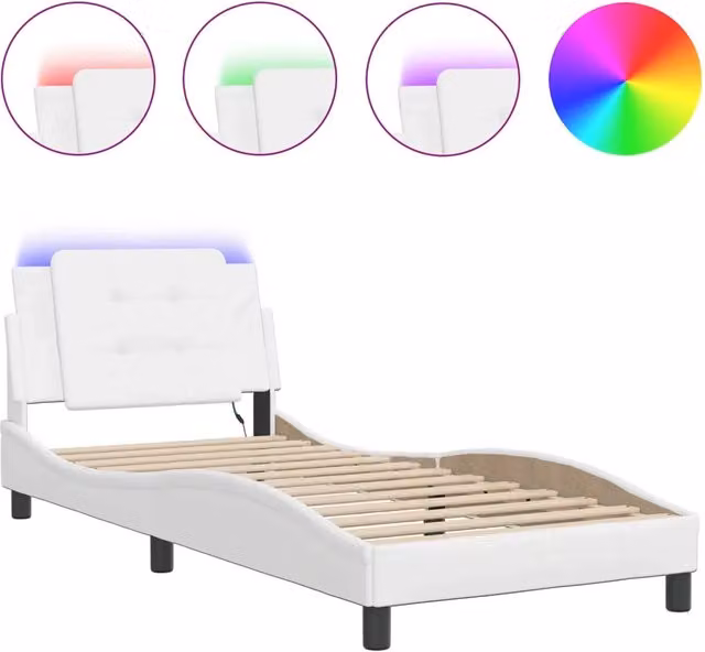 Letto singolo Zadar bianco con illuminazione LED e porta USB, struttura imbottita in materiali misti, L 100 x P 200 cm – 1