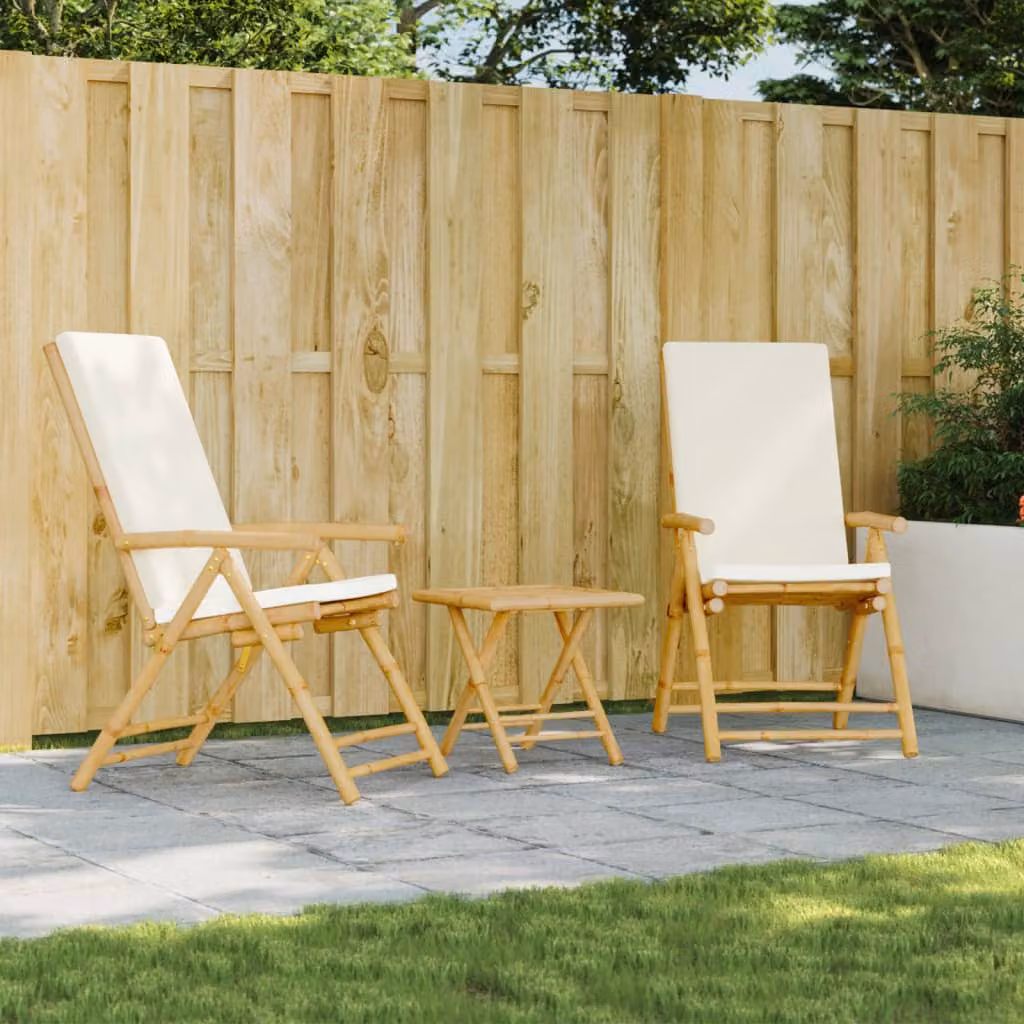 Set di 2 sedie da giardino pieghevoli e reclinabili vidaXL in bambù con cuscini bianchi e marroni