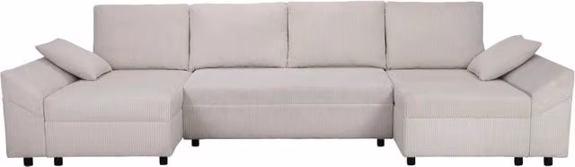 Divano angolare panoramico Vaugirard II in velluto a coste beige con funzione letto e cuscini inclusi per 5 persone