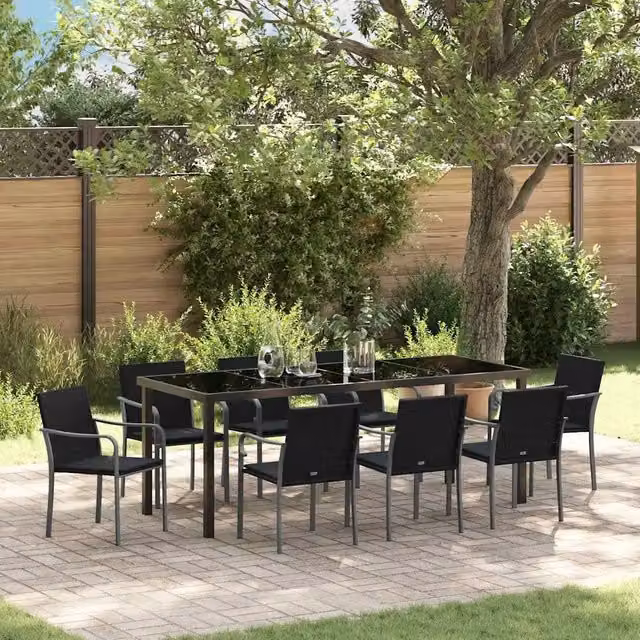 Set da pranzo da giardino vidaXL in rattan nero e grigio composto da 9 pezzi