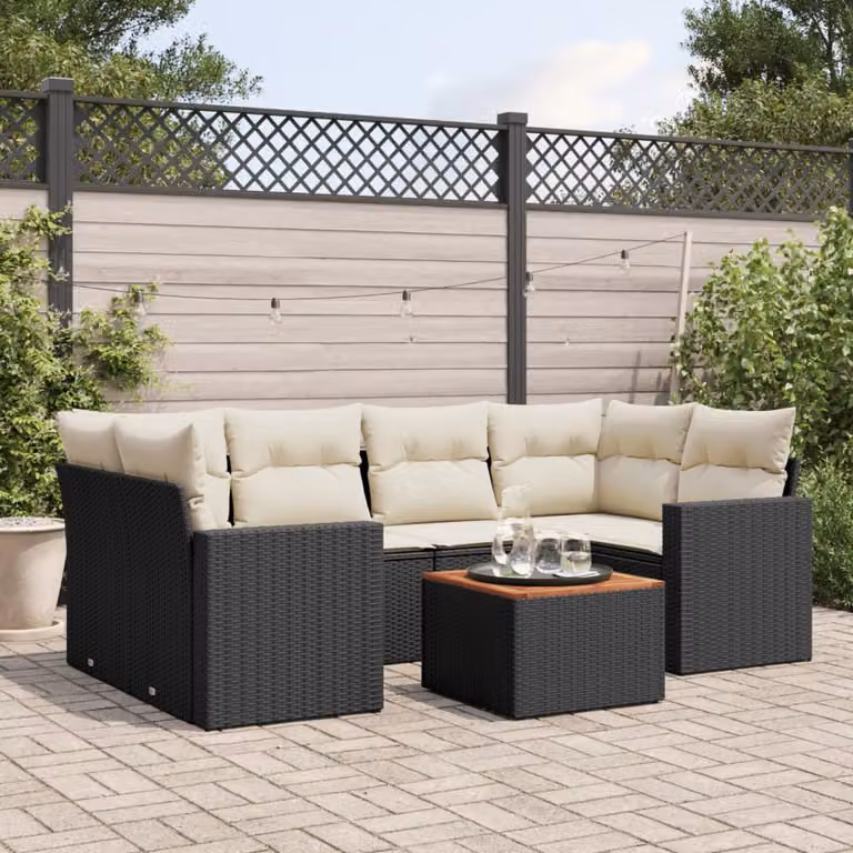 Set Divani da Giardino a L vidaXL in Polyrattan Nero con 7 Cuscini e Tavolino da Caffè