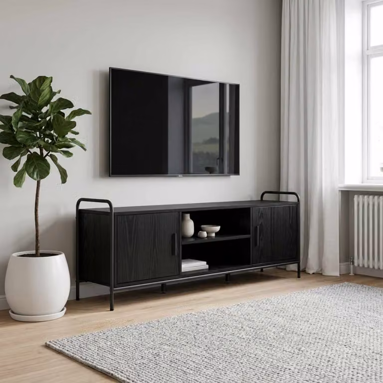 Mobile TV vidaXL moderno in legno e metallo nero con ruote L 133 cm x P 33 cm x H 50 cm