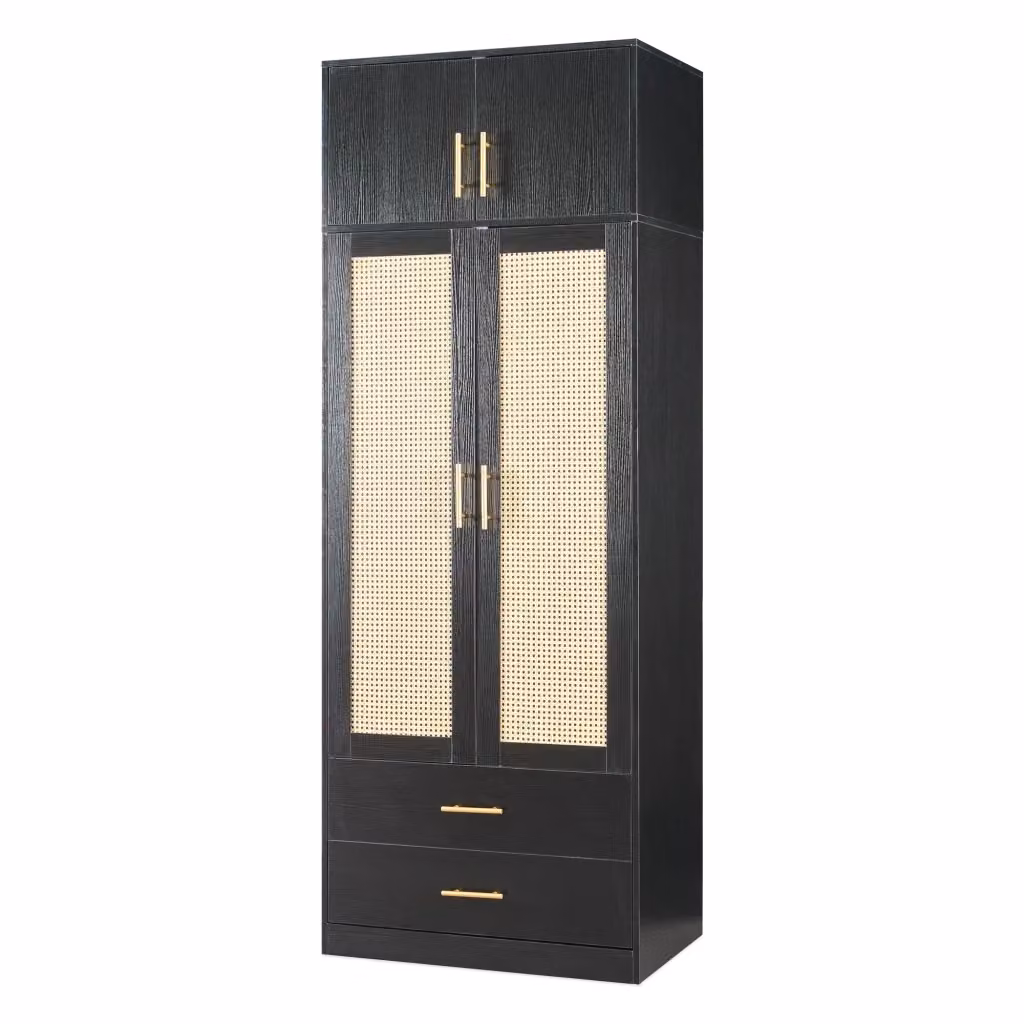 Armadio da guardaroba Larundi en.casa con 4 ante e 2 cassetti, Nero/Effetto Rattan, H: 216 cm, L: 80 cm, P: 52 cm – 2