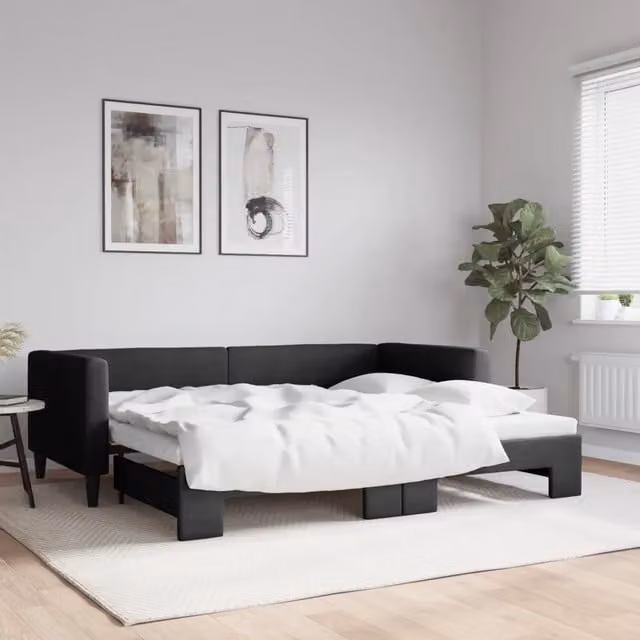 Divano Letto con Letto Estraibile vidaXL in Tessuto Nero con Struttura in Legno e Metallo per Soggiorno e Camera da Letto L/P: 90 x 190 cm – 1