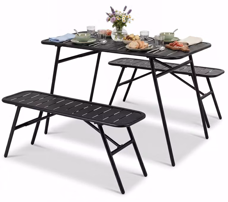 Set da giardino COSTWAY in metallo, composto da 3 elementi: 2 panche da birra e 1 tavolo da birra, ideale per feste all'aperto, campeggio o come set da giardino. Dimensioni: 120 cm
