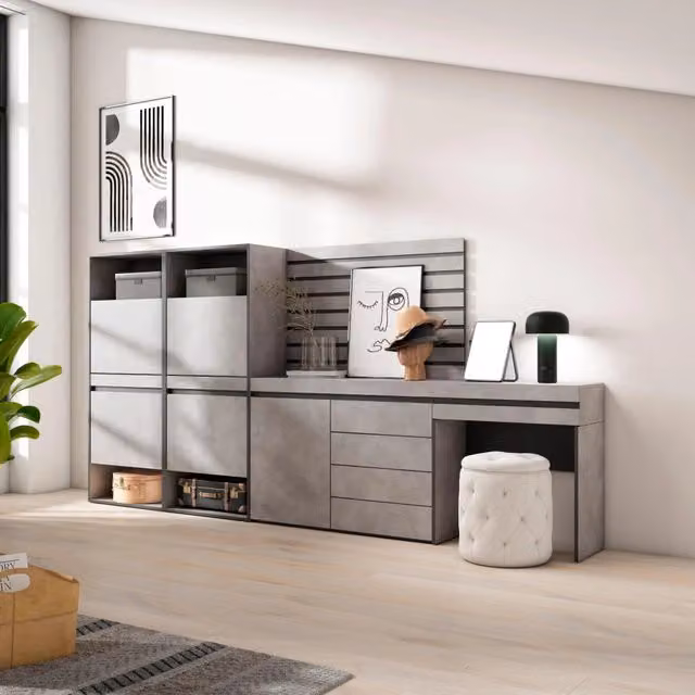 Scarpiera moderna SKRAUT HOME con cassettiera e ante a battente, grigio e nero, L: 297 cm, P: 35 cm, H: 145 cm – 1