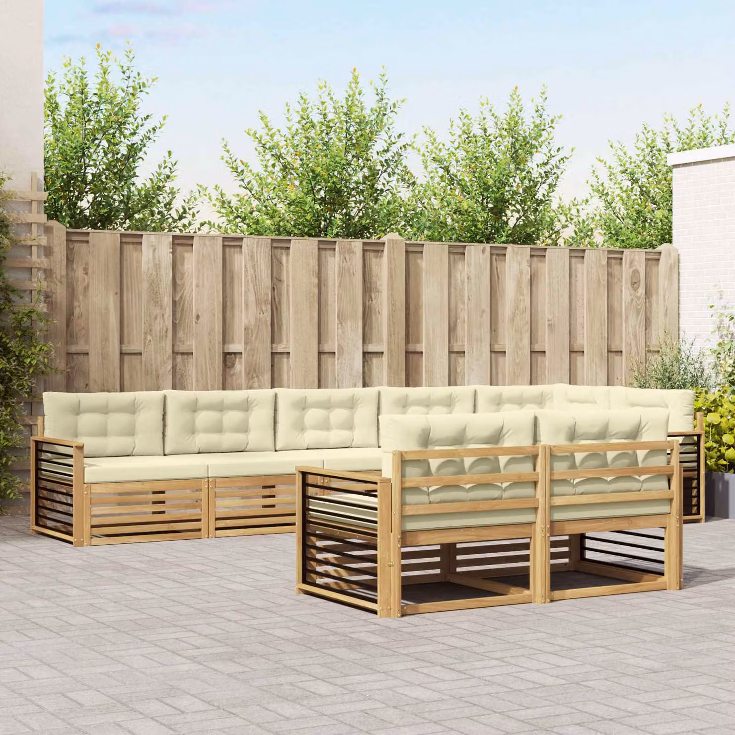 Set di divani da esterno vidaXL a forma di L composto da 8 pezzi in legno di acacia con cuscini bianchi e beige
