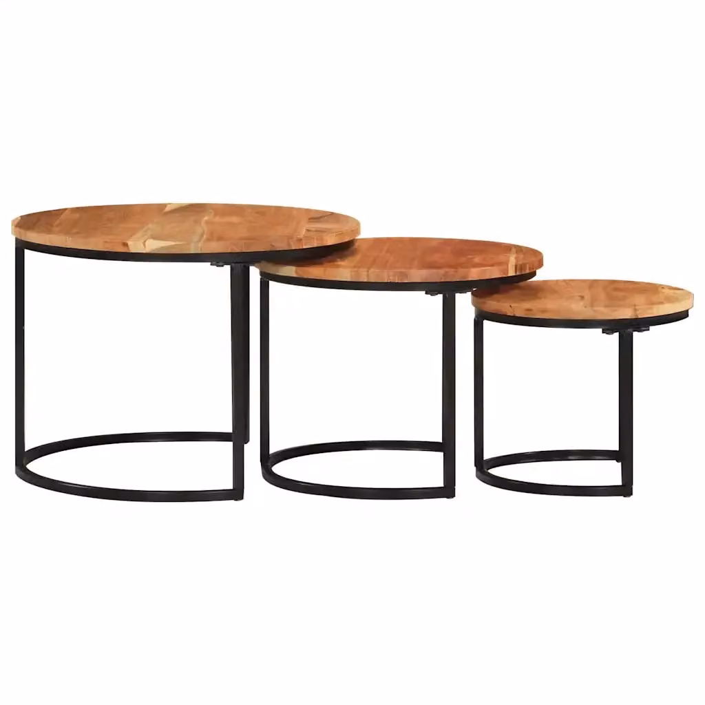 Set di 3 tavolini a incastro rotondi vidaXL in legno massello di acacia, colore marrone e nero – 2
