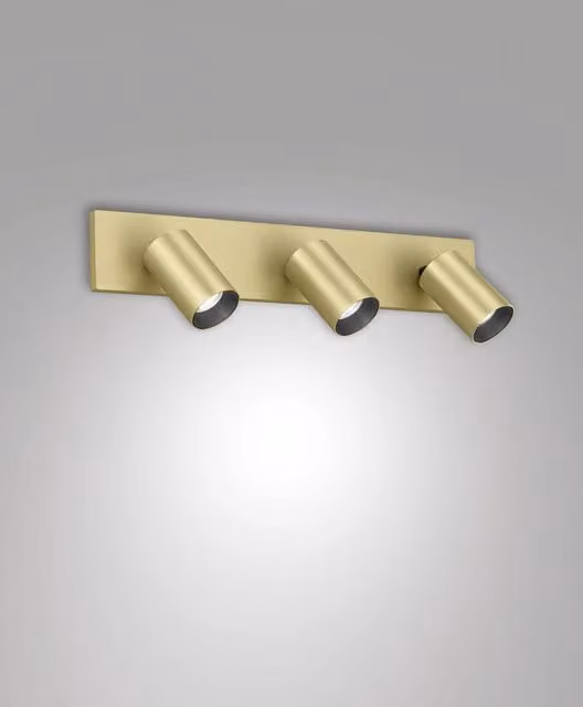Faretto Flores Fabas con 3 luci GU10 in alluminio e ottone satinato color oro, montaggio a soffitto, IP20