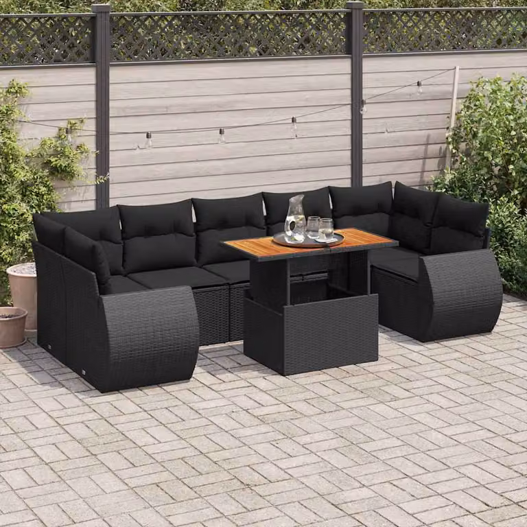 Set Divano da Giardino a L vidaXL in Polyrattan Nero con 8 Cuscini e Tavolino da Esterno