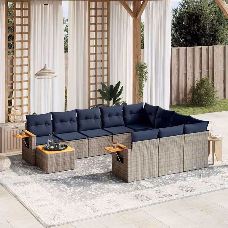 vidaXL Set Divani da Giardino 11 pz a Forma a L con Cuscini in Polyrattan e Tavolino, Grigio e Blu
